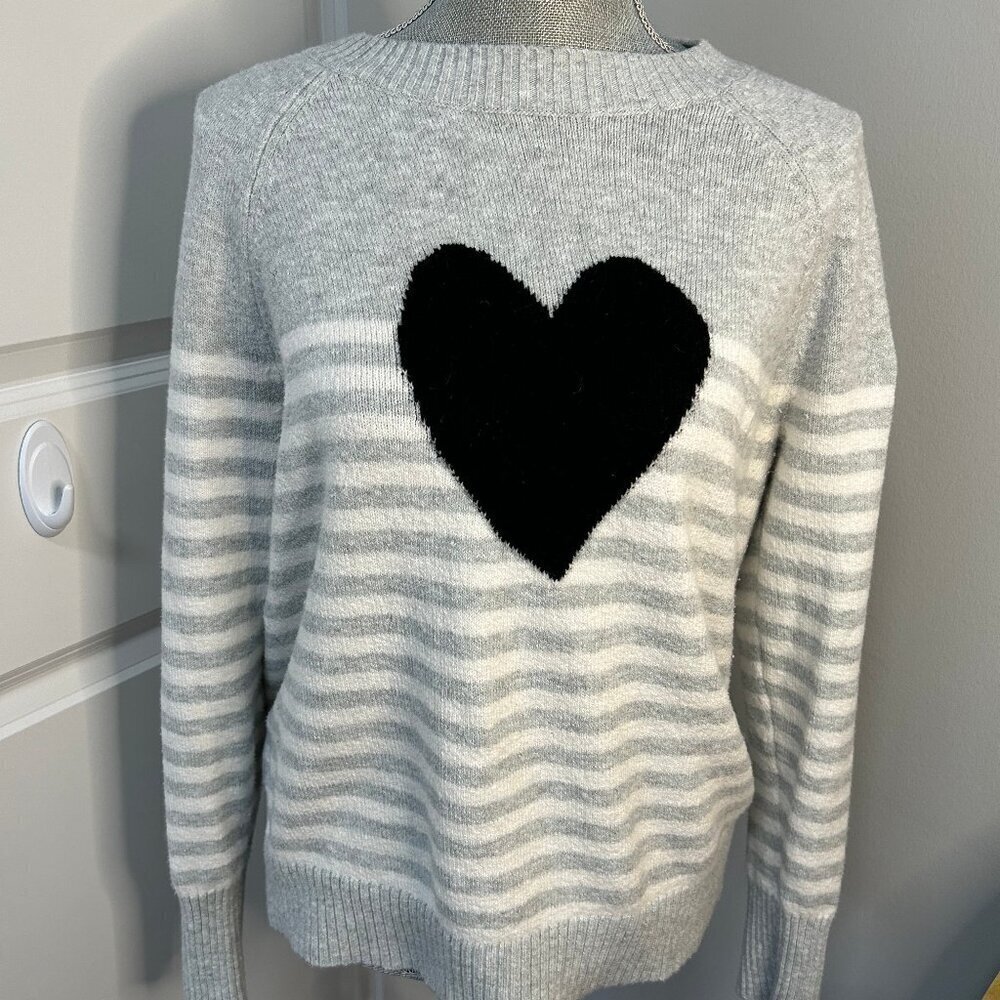 Loft Gray & White Striped Black Heart Sweater Size M EUC